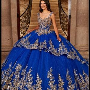 Elegant Blue and Gold Embellished Ball Gown